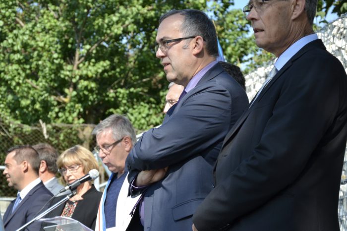 Inauguration de l'espace paysager Jean Bertin de Monblanc -septembre 2017 - Alain Sancerry (au premier plan), Hervé Lefebvre, Alain Gateau, Yvette Ribes et Jean-Pierre Cot
