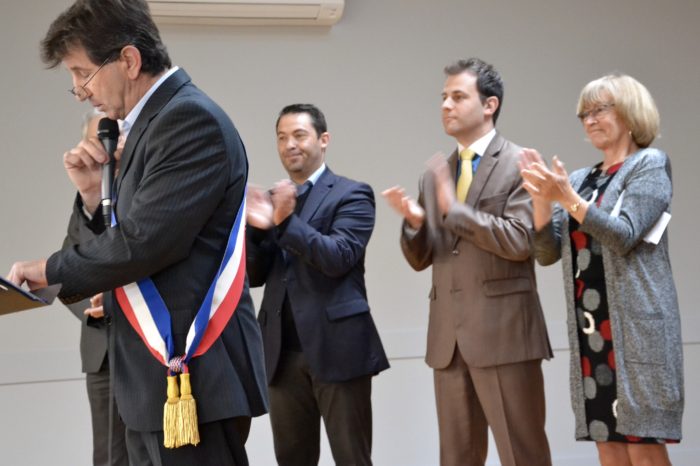 Inauguration salle polyvalente de Pompiac - février 2018 - Les conseillers départementaux Yvette Ribes et Jean-Pierre Cot entourant le conseiller régional Ronny Mazzoleni.
